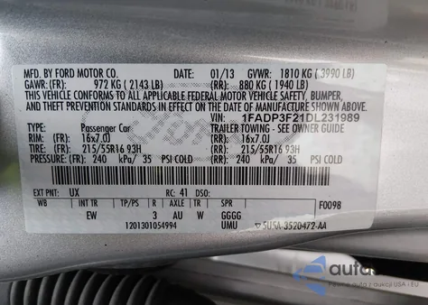 2013 Ford Focus Se z USA, uszkodzony, nr VIN 1FADP3F21DL231989